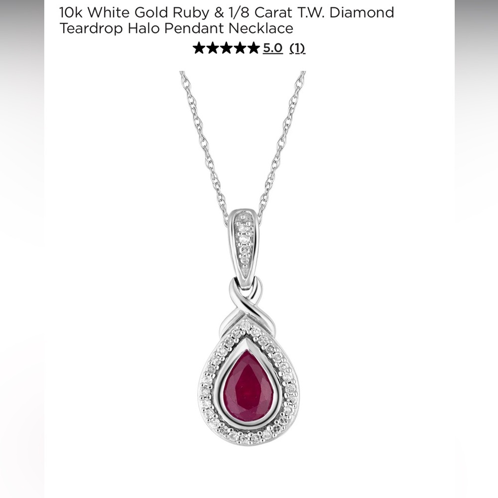 10k White Gold Ruby & 1/8 Carat T.W. Diamond Teardrop Halo Pendant Necklace